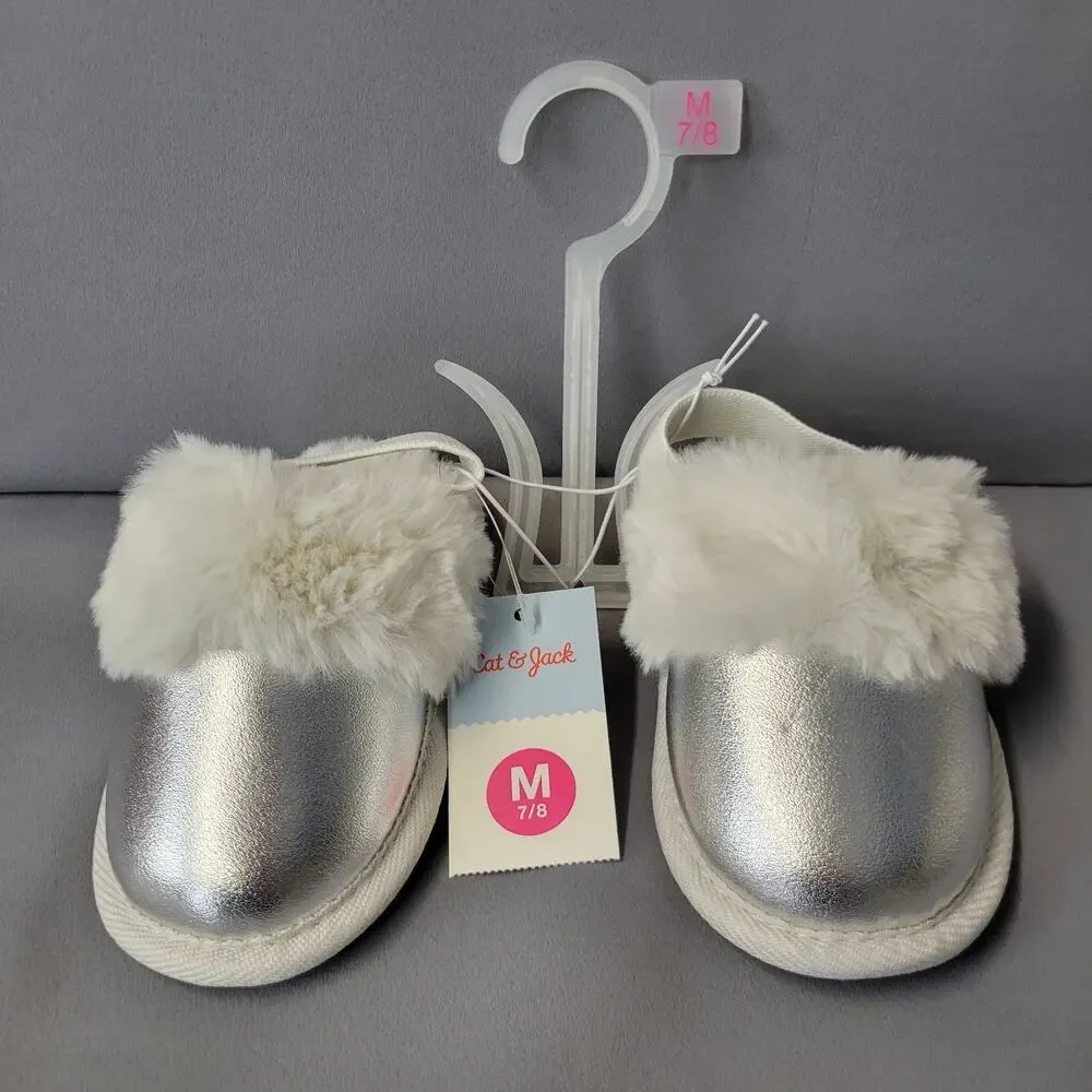 Cat & Jack Slippers Youth Girls M 7/8 Lila Scuff Puff Silver Fax‎ Fur Soft New
